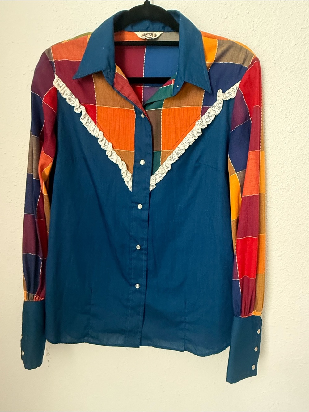 Vintage 1970 Colorblocke Western Blouse with Lace Trim, Multicolor